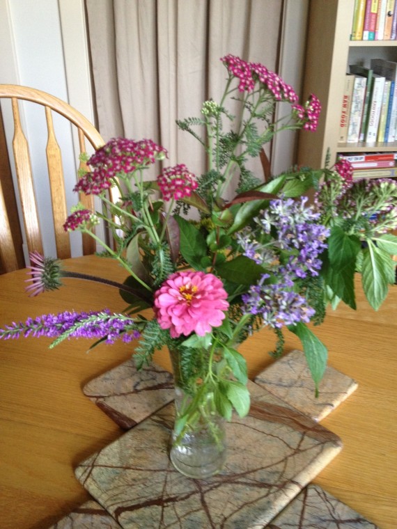 zinnia, lavender, veronica, yarrow, mint and lovage bouquet for David's mom